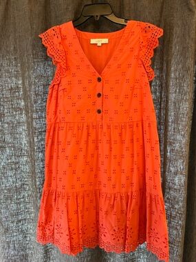 LOFT Coral Eyelet Flutter Sleeve Dress